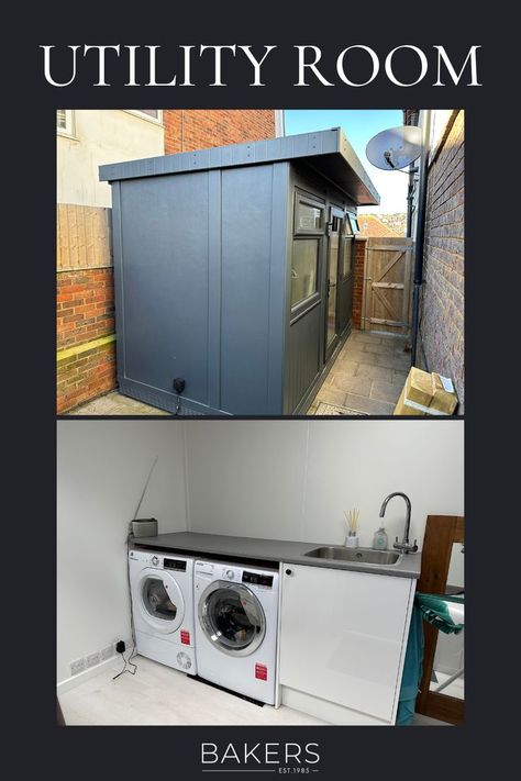 Create a functional yet classy utility room with one of our garden buildings. Perfect to have a seperate space from your home, you can include various storage ideas, plumbing, and any decor that you want. Utility Laundry Room, Garden Room Interiors, Home Extension, Self Build, Building A Home, Small Laundry Room, Garden Buildings, Utility Room, Room Tour