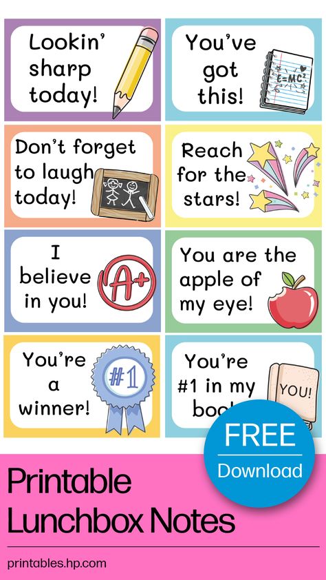 Download free printable lunchbox notes from HP Printables with short and sweet messages for your child. It's a quick way to show you care, even on busy mornings!

Visit printables.hp.com

#lunchboxlove #backtoschoolprep #kidslunchideas #hpprintables #freeprintables Lunchbox Printables, School Lunch Notes, Printable Lunch Notes, Printable Lunchbox Notes, Kids Lunch Box Notes, Printable Lunch Box Notes, Lunchbox Notes, Lunch Notes, Kids Lunches