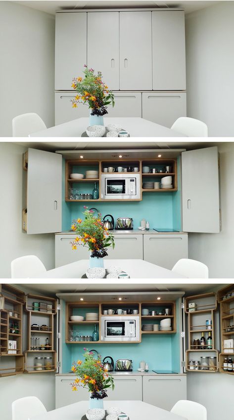 Kitchen Shelf Unit, Modular Homes For Sale, Modern Modular Homes, Honeycomb Shape, Hidden Kitchen, Compact Kitchen, Mini Kitchen, Tiny Spaces, Kitchen Units