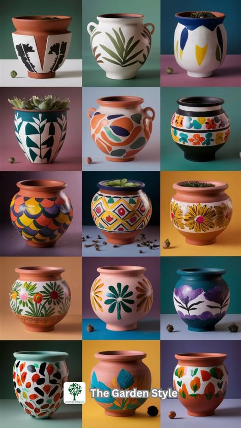 How to Paint Terracotta Pots: DIY Ideas and Inspirations - The Garden Style Design For Pot Painting, Easy Terracotta Pot Painting, Painting Ideas On Pots Easy, Clay Pot Painting Ideas Creative, Pottery Pot Painting Ideas, Terracotta Clay Art, Clay Pot Designs Paint, Pot Painting Ideas Creative Diy Crafts, Clay Pot Decorating Ideas