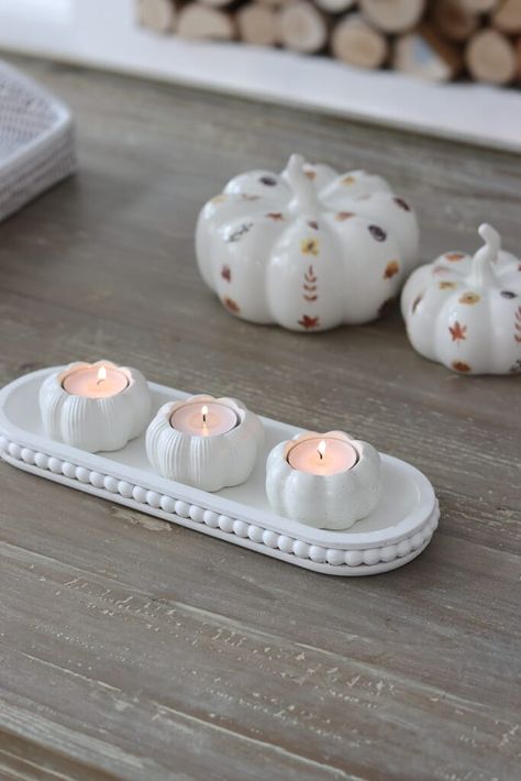 Clay Pumpkin Candle Holder, Fall Ceramics, Pumpkin Tea Lights, Pumpkin Tea, Tea Light Candle Holders, Shabby Chic Home Decor, Halloween Clay, Ceramic Pumpkin, Porcelain Candle