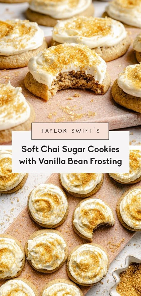 Perfectly sweet and spiced chai sugar cookies inspired by the recipe from the one and only Taylor Swift! These easy, soft chai sugar cookies are baked with a warming mix of spices like ginger, cardamom, and cloves, and get topped with a lovely vanilla bean cream cheese frosting. Add your favorite sprinkles for a festive cookie everyone will love. Chai Sugar Cookies, Candy Cookie Cake, Vanilla Bean Cream, Swiftie Party, Vanilla Bean Frosting, The Best Christmas Cookies, Recipes For Toddlers, Spiced Chai, Patty Cake