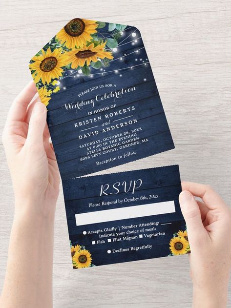 Sunflowers String Lights Rustic Navy Blue Wedding All In One Invitation #autumnwedding #sunflowers Rustic Navy Blue Wedding, Wedding Guide Checklist, Blue Sunflower Wedding, Blue Roses Wedding, Navy Blue Wedding Theme, Sunflower Wedding Decorations, Sunflower Invitations, Rustic Sunflower Wedding, Sunflower Themed Wedding