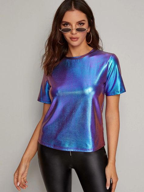 Holographic Metallic Top | SHEIN Holographic Shirt, Shirts Shein, Holographic Dress, Black Dress Red Carpet, Holographic Top, Dystopian Fashion, Rihanna Outfits, Fashion Illustrations Techniques, Top Shein