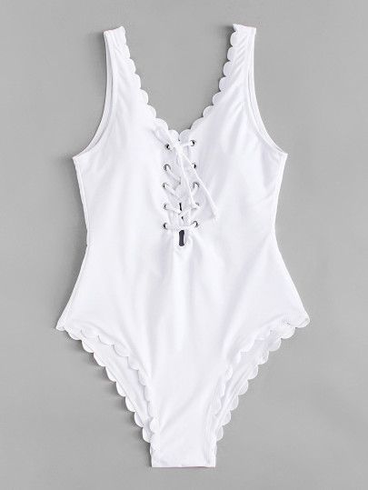 Lace Up Front Scallop Swimsuit -SheIn(Sheinside) Cute One Piece Swimsuit, Scalloped One Piece Swimsuit, Swimsuit Styles, Cute One Piece, Affordable Swimwear, Mode Boho, White Bikinis, Matching Swimwear, Two Piece Swimwear