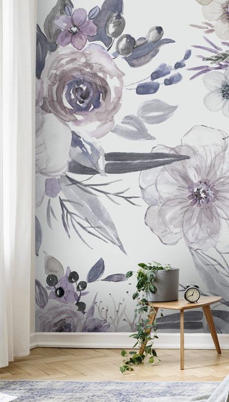 Lilac Living Room, Purple Floral Wallpaper, Purple Accent Wall, Lilac Bedroom, Lavender Bedroom, Floral Wallpaper Bedroom, Bedroom Purple, Retro Sideboard, Purple Bedrooms