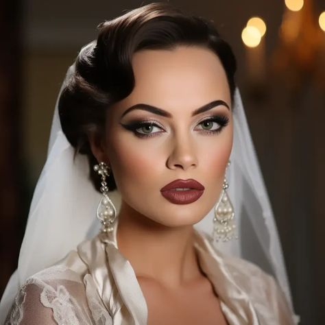 Wedding Makeup Ideas October Wedding Makeup Brides, Old Hollywood Glamour Wedding Makeup, Vintage Glam Wedding Makeup, High Glam Wedding Makeup, Victorian Style Makeup, Makeup Ideas Wedding Bride, Goblin Wedding, Bold Bridal Makeup, Dark Wedding Makeup