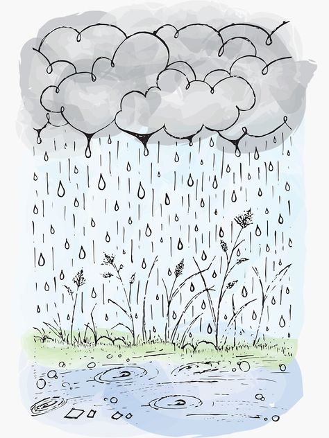 "Rainy Day" Sticker by Chairfullymade | Redbubble Rainy Day Doodle Art, Cartoon Rainy Day, Rainy Day Journal Ideas, Rainy Days Drawing, Rainy Weather Drawing, Rainy Day Aesthetic Drawing, Rainy Day Doodles, Rainy Drawing Easy, Drawing Of Rainy Season