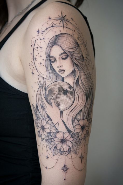 Selene Moon Goddess Tattoo, Celestial Sleeve Tattoos For Women, Moon Tattoo Upper Arm, Woman And Moon Tattoo, Selene Goddess Of The Moon Tattoo, Tattoos Of Women Goddesses, Moon Woman Tattoo, Linework Sleeve, Spirit Tattoo Ideas