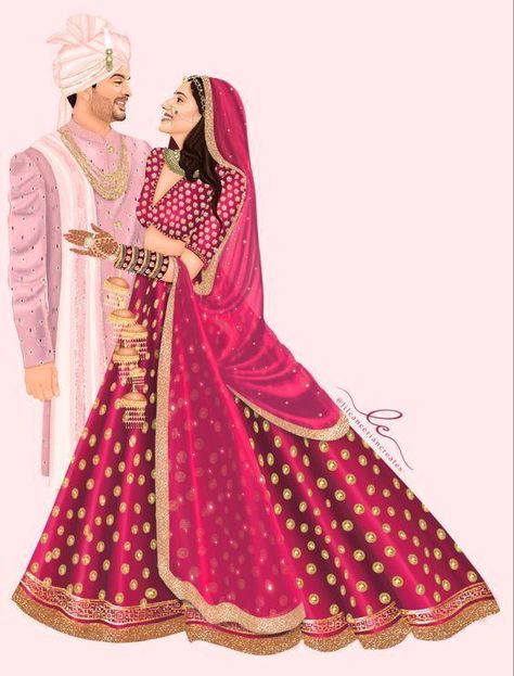 Indian Bride Groom Illustration, Indian Wedding Wallpaper, Indian Wedding Illustration Art, Indian Bride And Groom Illustration, Indian Wedding Painting, Indian Wedding Couple Illustration, Bride And Groom Caricature, Couple Caricature Wedding, Wedding Caricature Couple