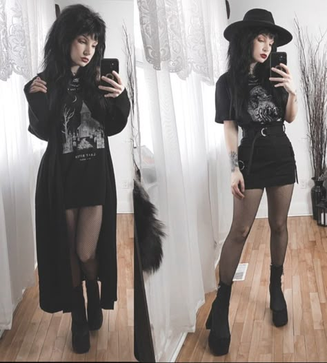 Emo Woman Outfits, Black Dress Over Shirt, Outfit Inspo Goth Grunge, Vampy Summer Outfit, Gothic Daily Outfit, Tomboy Witch Outfit, Casual Goth Mom Outfits, Goth Casual Outfits Summer, Alternative Fashion In Your 30s