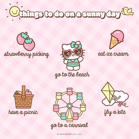 #WellnessWednesday: What's your favorite sunny day activity? ☀️💕 Kawaii Quotes, Hello Kitty School, Strawberry Picking, Many Friends, Wellness Wednesday, Daughter Of God, Activities To Do, New Hobbies, Party Card