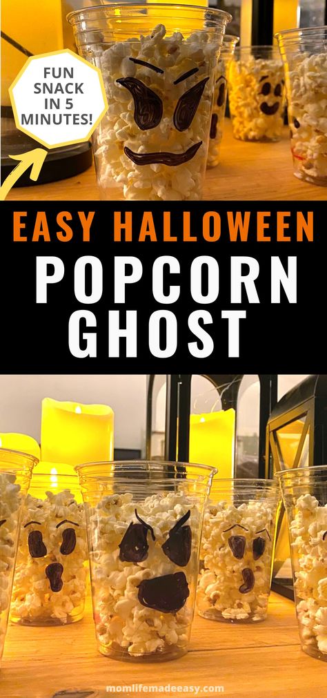 This easy and cute halloween snack is SO quick to make and since there is NO sugar, it’s healthy too! This is a wonderful snack for kids for a party or movie night or just for fun! Instead of using bags, this DIY Halloween snack idea uses cups! #easysnack #halloweensnack #quickandeasy #ghost Movie Night Snacks Halloween, Easy Halloween Movie Night Snacks, Ghost Themed Snacks, Halloween Kids Movie Night, Easy Halloween Snacks For Kids School, Halloween Snacks Aesthetic, Halloween Snacks For Kids School, Easy Halloween Snacks For Kids, Cheerleading Snacks