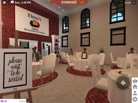 made by me!! #bloxburg #bloxburgbuild Bloxburg Fancy Restaurant Layout, Bloxburg Hotel Restaurant, Bloxburg Restaurant Ideas Inside, Restaurant Interior Design Bloxburg, Bloxburg Fancy Restaurant Decals, Bloxburg Fancy Restaurant Ideas, Bloxburg Italian Restaurant, Bloxburg Hotel Reception Ideas, Bloxburg Reception Ideas