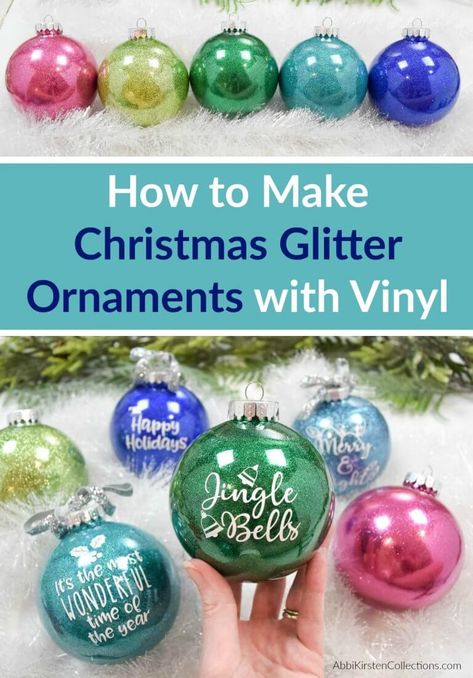 DIY Glitter Ornaments: How to make easy custom Christmas ornaments with vinyl. Free Christmas word SVG cut files and how to put vinyl on a curved surface! Christmas Balls Diy, Diy Glitter Ornaments, Ball Ornaments Diy, Christmas Ball Ornaments Diy, Christmas Glitter Ornaments, Clear Plastic Ornaments, Christmas Diy Kids, Glitter Ornaments Diy, Table Ornaments