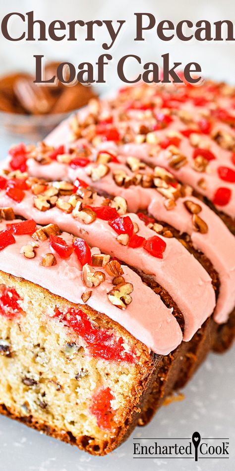 A sliced cherry pecan loaf cake with pink frosting. Pecan Loaf Cake, Cherry Loaf Cake, Pecan Loaf, Cherry Pie Filling Recipes, Loaf Breads, Cherry Frosting, Maraschino Cherries, Leftover Cake, Pecan Cake