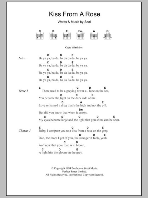 Kiss From A Rose by Seal - Guitar Chords/Lyrics - Guitar Instructor Acoustic Guitar Chords And Lyrics, Kiss From A Rose, Acoustic Guitar Chords, Learn Guitar Chords, Basic Guitar Lessons, Easy Guitar Songs, Guitar Tabs Songs, Great Song Lyrics, Guitar Chords For Songs