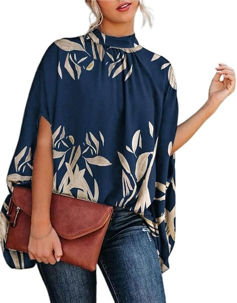 Melliflo Women's Mock Neck Batwing Tops Half Sleeve Loose Chiffon Blouses Oversized Summer Shirts(LF-NB, S) at Amazon Women’s Clothing store Tomboy Stil, Mode Prints, Blouse Zara, Batwing Sleeve Top, Batwing Blouse, Mock Neck Blouse, Summer Dresses For Wedding Guest, Round Neck Shirt, Elegant Blouses