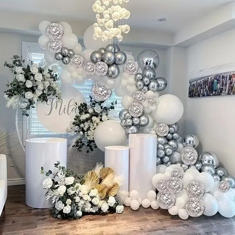 White Silvery Confetti Latex Balloon Arch Garland Baby - Temu Silver Balloon Garland, Confetti Balloon Gender Reveal, Scroll Wedding Invitations, White Party Decorations, Baby Shower Background, Anniversary Decoration, Decoration Birthday Party, New Years Wedding, Glitter Balloons