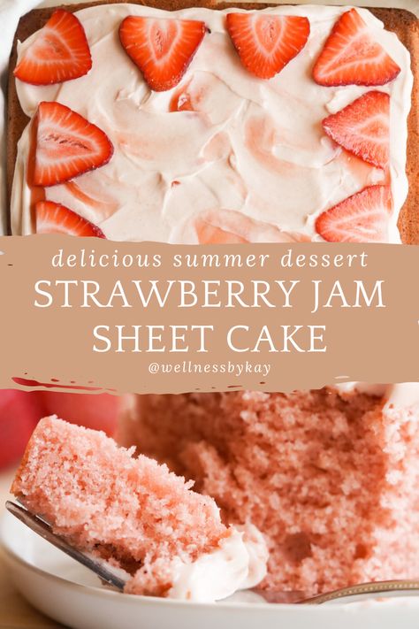 Strawberry Jam Sheet Cake is a light, fluffy, and delicious homemade cake recipe! Complete with a rich strawberry cream cheese frosting and fresh strawberries on top … this easy tender cake is sure to satisfy any sweet tooth craving. Full of sweet strawberry flavor in every bite, this simple recipe is perfect for summer entertaining! Strawberry Cake No Jello, Strawberry Cake With Jam, Strawberry Cake With Cream Cheese Icing, Diy Strawberry Cake, Strawberry Sheet Cake Recipe, Healthy Strawberry Cake, Cake With Strawberry Jam, Strawberry Jam Cake, Strawberry Sheet Cake