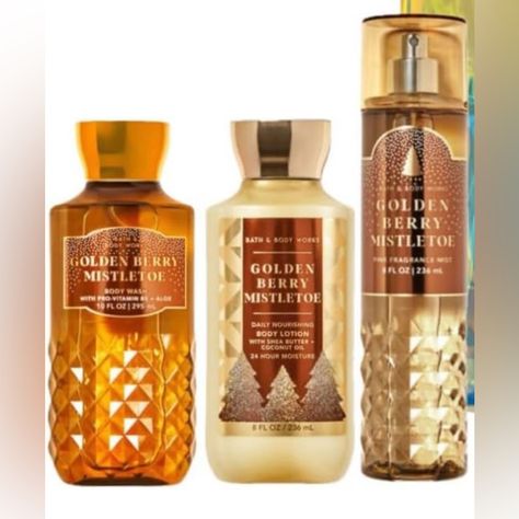 Bath & Body Works - Golden Berry Mistletoe -3 Piece Bundle - Spray - Body Lotion- Shower Gel - Full Size What It Smells Like: Crisp, Fresh Air Kissed By A Touch Of Sweetness. Fragrance Notes: Sparkling Berries, Sugared Spruce And Frosted Air Winter Berry Wonder Bath And Body Works, Golden Berry, Fresh Sparkling Snow Bath Body Works, Bath And Body Works Vanilla Bean Noel, Snow Fairy Body Spray, Snowflakes And Cashmere Bath And Body Works, Winter Candy Apple, Moisturizing Body Lotion, Fragrance Notes