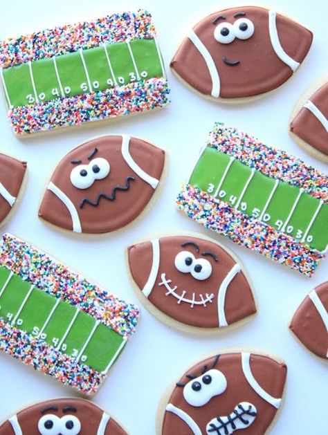 Candy Cottage, Sports Cookies, Cookies Cupcake, Football Cookies, Football Snacks, Football Birthday Party, Superbowl Snacks, Super Bowl Party, Game Face