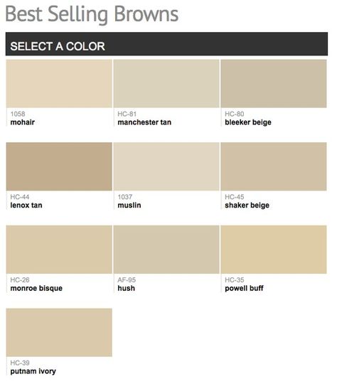 Best selling & popular shades of brown & taupe paint colors from Benjamin Moore. Benjamin Moore Beige, Light Brown Paint, Condo Style, Shaker Beige, Beige Dining Room, Taupe Paint Colors, Bestie Board, Beige Paint Colors, Interior Paint Colors Schemes