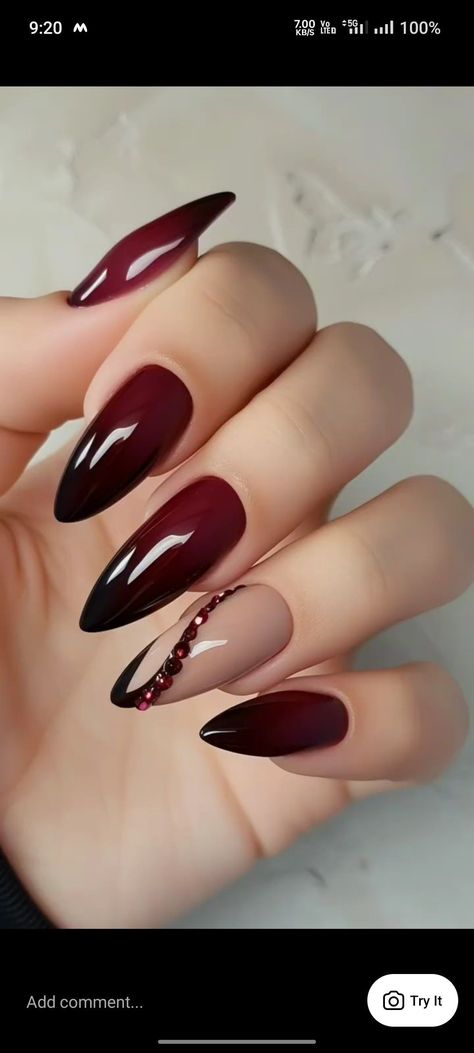 Dark Nails Inspiration Almond, Cherry Wine Nails French, Black And Maroon Nail Ideas, Cherry Red And Black Nails, Vamp Nails Aesthetic, Black Burgundy Nails, Dark Romantic Nails, Dark Almond Acrylic Nails, Wine Nails Designs Ideas