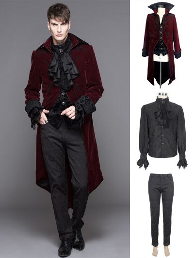 Wine Red Gothic Palace Style Suit Gothic Outfits Men, Goth Mens Fashion, Gothic Suit, Masquerade Outfit, Vampire Fashion, Victorian Vampire, Vampire Clothes, Vampire Aesthetic, Prom Suit