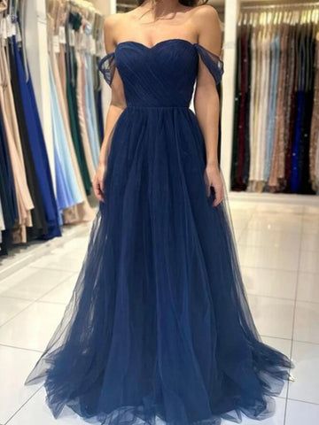 Tulle Prom Dress Long, Prom Dress Tulle, Navy Blue Bridesmaids, Pleated Party Dress, A Line Prom Dress, Prom Dresses Sleeveless, Blue Evening Dresses, Dress Tulle, Blue Tulle