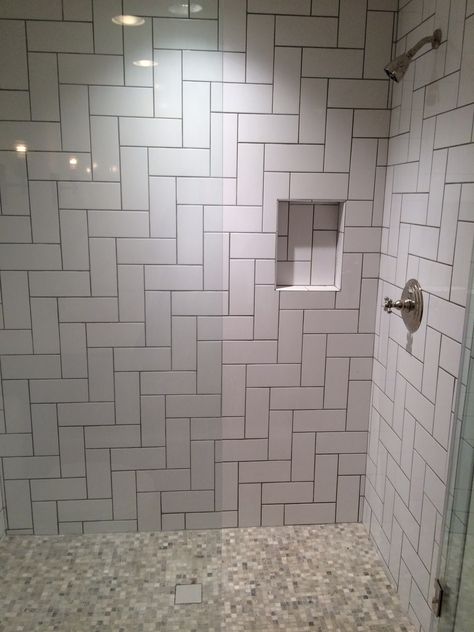 this is another pattern we do a lot. Straight Herringbone. This is with a 4x10 subway Straight Herringbone Shower Tile, Straight Herringbone Subway Tile, Straight Herringbone Backsplash, Straight Herringbone, Herringbone Shower Tile, Brick Tiles Bathroom, Herringbone Subway Tile, White Subway Tile Shower, Herringbone Tile Pattern