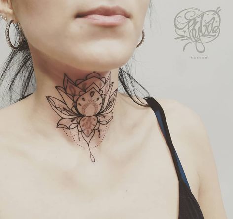 #throattattoo #throat #necktattoo #mandala #lotus #lotusmandala #lotustattoo #ornaments #ornamentaltattoo #inked #ink... Throat Chakra Neck Tattoo, Lotus Flower Throat Tattoo, Mandala Tattoo Throat, Mandala Throat Tattoo For Women, Lotus Throat Tattoo, Flower Throat Tattoo, Mandala Throat Tattoo, Lotus Neck Tattoo, Neck Tattoos Women Throat