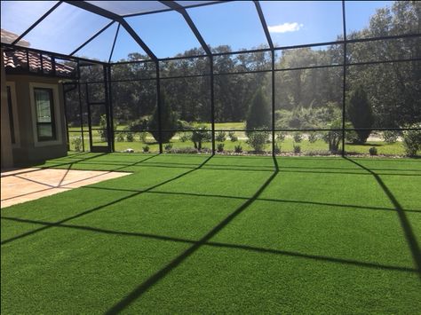 Unbelievable outdoor space, astro-turf under screen enclosure is an entertainers dream come true. Astro Turf Backyard, Yard Playground, Lanai Ideas, Screened Room, Florida Backyard, Turf Backyard, Arthur Rutenberg Homes, Children Library, Dog Backyard