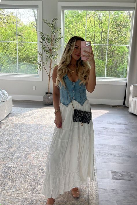 Denim Vest Country Outfit, Denim Vest Dress Outfit, Country Festival Aesthetic, Christian Concert Outfit What To Wear, County Fits, Curvy Casual Outfits, White Skirt Outfits, Western Wear Outfits, Downtown Outfits