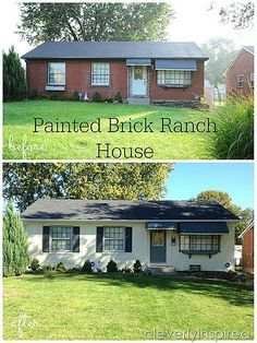 brick houses painted before and after | know you love a good before and after as much as I do….so here are ... Painted Brick Ranch House, Painted Brick Ranch, Brick Ranch Houses, Painted Brick Exteriors, Ranch House Remodel, Ranch House Exterior, Painted Brick House, House Makeovers, Ranch Exterior