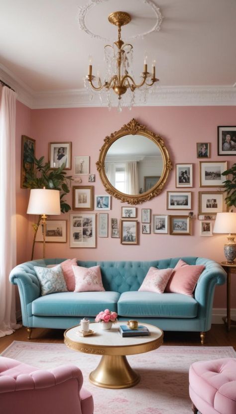 Pink Grey And Teal Living Room, Rose And Blue Living Room, Pink And Teal Living Room Decor, Pink And Teal Living Room, Blue Pink Living Room, Pink And Blue Living Room, Pink Blue Decor, Blue And Pink Living Room, Girly Living Room