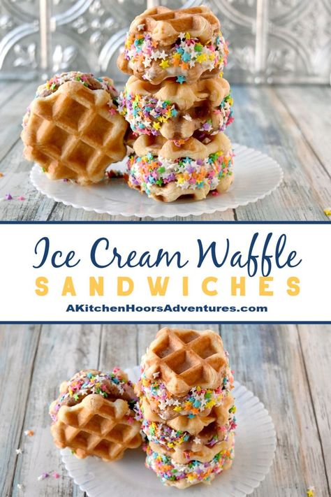 Liege style waffles are slightly sweet and hearty enough to make Ice Cream Waffle Sandwiches.  Fill them with your favorite ice cream for a delicious summer treat. #SummerDessertWeek via @akitchenhoor Ice Cream Breakfast Ideas, Ice Cream Waffles, Ice Cream Breakfast, Breakfast Ice Cream, Pancake Recipies, Waffle Hacks, Waffles And Ice Cream, Waffle Snacks, Waffle Sandwiches