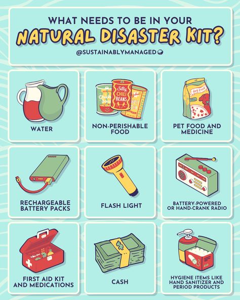 Grid image with title "What needs to be in your natural disaster kit?". Images with captions- water, non-perishable foods, pet food and medicine, rechargeable battery packs, flash light, batter powered or hand-cranked radio, first aid kit and medications, cash, and hygiene items like hand sanitizer and period products. National Preparedness Month, Emergency Go Bag, Emergency Planning, Period Products, Emergency Prepardness, Emergency Preparedness Kit, Disaster Response, Powerpoint Background, Emergency Preparation