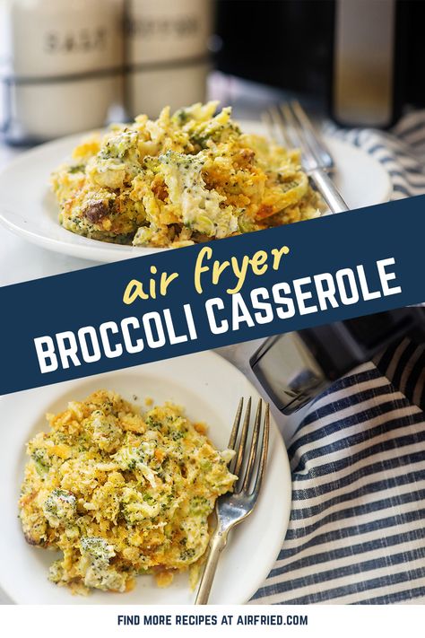 We air fried this broccoli casserole and loaded it with a bunch of cheese! #airfryer #recipes #casseroles Air Fryer Broccoli And Cheese, Airfryer Casserole Recipes, Air Fryer Casserole Recipes, Broccoli And Cheese Casserole, Chicken And Vegetable Bake, Air Fryer Broccoli, Cheese Whiz, Cracker Toppings, Broccoli Cheese Casserole