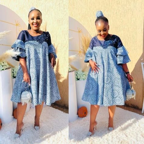 African Print Styles For Ladies, Shweshwe Dresses Patterns, Shweshwe Dresses For Makoti, Sotho Traditional Dresses, Sesotho Traditional Dresses, Seshoeshoe Dresses, African Print Styles, Xhosa Attire, South African Traditional Dresses