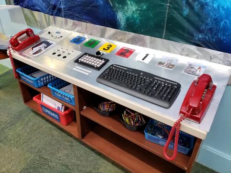 Ideas For An Under The Stairs Playroom For Our Kids Space Imaginative Play, Mission Control Room, Space Dramatic Play Center, Diy Space Station, Mission Control Panel, Imagination Station Ideas, Space Station Dramatic Play, Space Dramatic Play, Under The Stairs Playroom