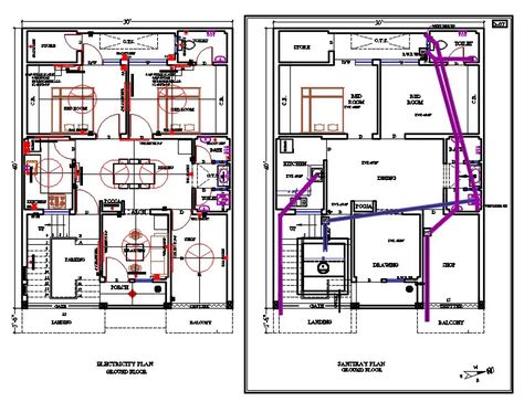 30'x40' Residential House Plan DWG File - Cadbull Plumbing Layout House Plans, Plumbing Plan For House, Plumbing Drawing Plan Bathroom, Residential Plumbing Plan, Plumbing Plan Layout, Plumbing Drawing Plan House, Plumbing Drawing Plan, Electrical Layout Plan, Plumbing Layout Plan