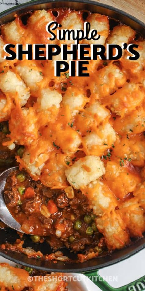 This simple Shepherd's Pie recipe is a classic comfort food masterpiece! With crispy tater tots as the topping for ground beef and cheese, it's sure to be a favorite. #theshortcutkitchen #simpleshepherdspie #shepherdspiewithtatertots #entree #recipeeasy #recipebeef #super #recipebest #topping #oven #skillet Sheppards Pie Recipe, Turkey Pot Pie Easy, Shepards Pie Recipe, Easy Shepherds Pie, Shepherd's Pie Recipe, Channel Ideas, Shepherds Pie Recipe, Pan Dinners, Beef Casserole Recipes