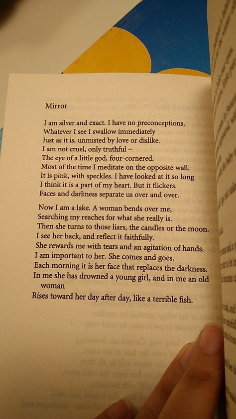 Mirror By Sylvia Plath, Mirror Sylvia Plath, Books Lover, Sylvia Plath, Four Corners, Book Lovers, Things To Think About, Mirror, Books