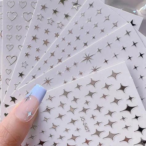 6Sheets Heart Star Nail Art Stickers 3D French Silver Glitter Nail Decals Designer Nail Supplies Metallic Silver Star Love Hearts Nail Designs Sticker for Women DIY Nail Decorations Accessories Crafts Metallic Nail Art, 3d Nail Art Designs, Silver Glitter Nails, Star Nail, Heart Nail Designs, Star Nail Art, Transparent Nails, Accessories Crafts, Nail Supplies