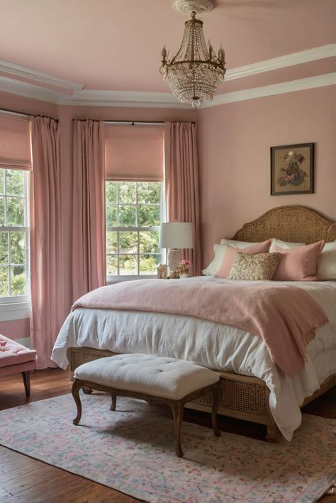 Escape to a world of dreamy romance with Benjamin Moore's Pale Oak. Discover how this romantic retreat can transform your space. #ad     #Colortrend #wallpaint2024  #color2024  #DIYpainting  ##DIYhomedecor  #Fixhome Soft Pink Bedroom, Pale Pink Bedrooms, Pink Bedroom Modern, Dusty Pink Bedroom, Girly Pink Bedroom, Dreamy Romance, Pale Oak, Pink Bedroom Ideas, Luxury Room Bedroom