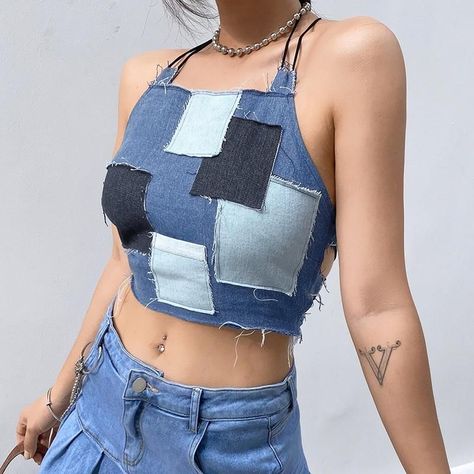 b132ecc1609bfcf302615847c1caa69adesc39420305ri Denim Tank Top, Aesthetic Clothing Stores, Denim Tank, Top Jeans, Denim Crop Top, Patchwork Top, Patchwork Denim, 90s Grunge, Denim Patchwork