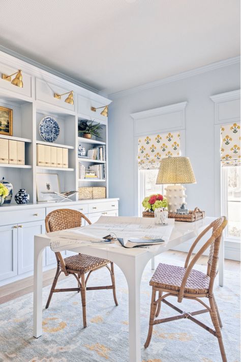 shop-c Fancy Craft Room, Grandmillennial Home Office, Grandmillennial Office, Beautiful Offices For Women, Coastal Office Ideas, French Style Office, Beachy Office, Pretty Office Space, Small Home Office Design