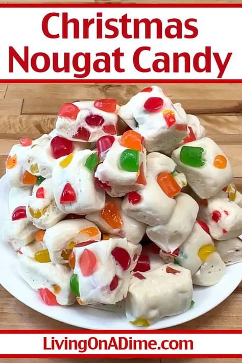 25 of the Best Easy Christmas Candy Recipes And Tips! Grandmas Christmas Candy 12 Tomatoes, Nougat Candy With Dots, Cherry Nougat Candy, Christmas Nougat Candy Recipes, Dots Nougat Candy, Christmas Nougat Recipe, Christmas Candy Treats For Gifts, Grandma’s Christmas Candy, Easy Nougat Recipe