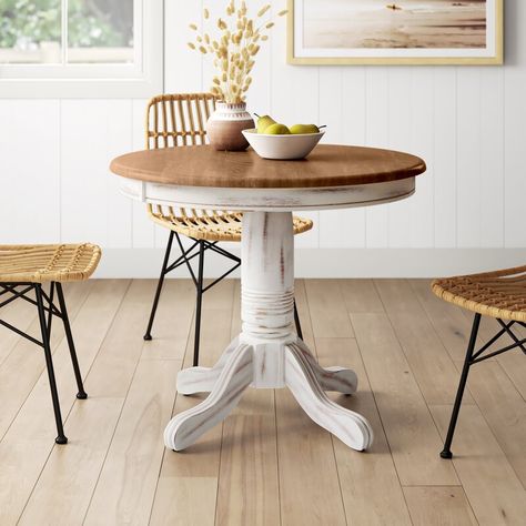 Sand & Stable Bonas 36'' Solid Wood Pedestal Dining Table & Reviews | Wayfair Small Round Kitchen Table, Distressed Dining Table, Small Round Dining Table, Dining Table Wood, Round Kitchen Table, Small Kitchen Tables, Wood Ladder, White Dining Table, Wood Pedestal